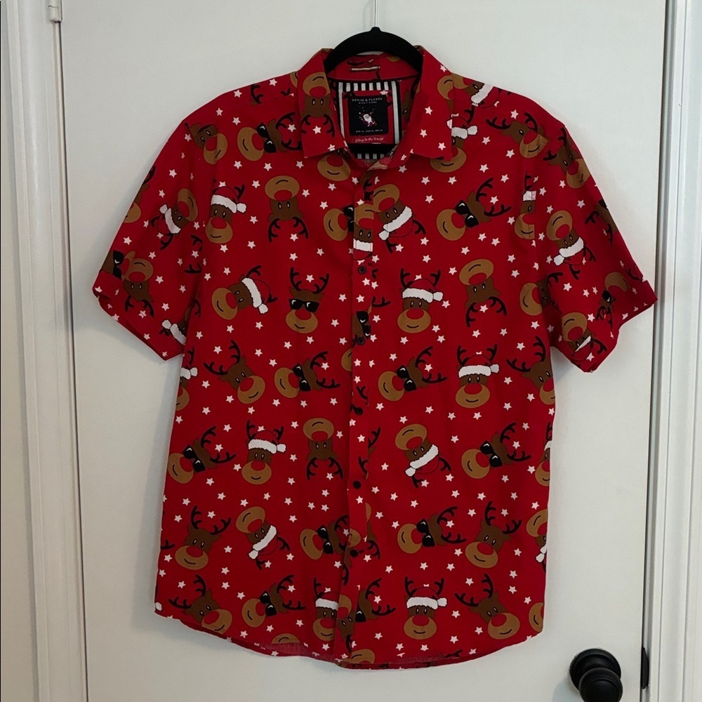 Denim & Flower Men's XL Christmas Reindeer Short Sleeve Button-down Shirt